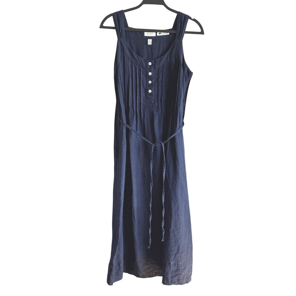 Malvin Hamburg Germany Navy Blue Linen Pintuck Midi Dress Womens Size 8 M